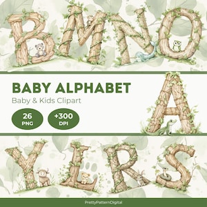 Könnte beinhalten: Ein Satz von 26 Buchstaben des Alphabets aus Holz mit Ranken und Blättern. Jeder Buchstabe hat eine kleine Tierillustration. Die Buchstaben sind in hellbrauner Farbe mit grünen Ranken und Blättern. Der Text "BABY ALPHABET" und "Baby & Kids Clipart" wird über den Buchstaben angezeigt. Der Text "26 PNG" und "+300 DPI" wird unter den Buchstaben angezeigt.