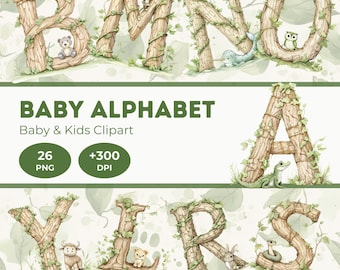 May include: A set of 26 alphabet letters made of wood with vines and leaves. Each letter has a small animal illustration. The letters are in a light brown colour with green vines and leaves. The text "BABY ALPHABET" and "Baby & Kids Clipart" is displayed above the letters. The text "26 PNG" and "+300 DPI" is displayed below the letters.