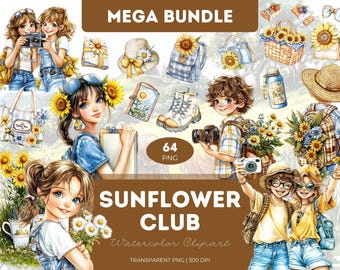 Sunflower Watercolor Clipart: Summer Floral PNG Bundle (64 Elements)