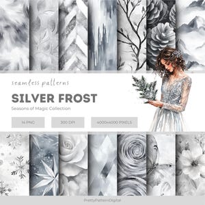 Puede incluir: Un conjunto de 14 patrones digitales sin costuras en tonos grises y blancos. Los patrones incluyen copos de nieve, rosas, piñas, ramas y diseños abstractos. El texto "SILVER FROST" y "Seasons of Magic Collection" se muestra en la parte superior de la imagen. El texto "14 PNG", "300 DPI" y "4000x4000 PIXELS" se muestra debajo de la imagen.