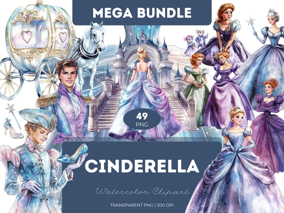 Cinderella Watercolor Clipart Bundle: Fairy Tale Princess PNG (digital ...
