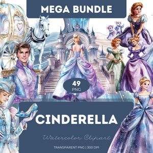 Cinderella Clipart Bundle Watercolor Style PNG Baby Princess Glass Slipper Carriage Castle Magic Fairytale Crown Dress Clock Art