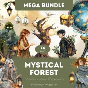 Paquete de imágenes prediseñadas de bosque místico, estilo acuarela, PNG, fantasía, bosque, hongos, cristales, animales, hadas, descarga digital encantada, álbum de recortes
