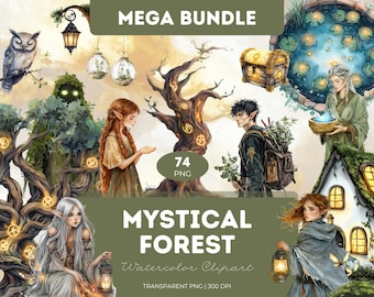 May include: A digital illustration set of 74 mystical forest watercolor clipart images. The set includes fairies, trees, houses, lanterns, and other magical elements. The images are transparent PNG files at 300 DPI.