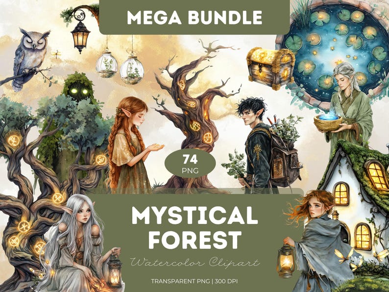 Watercolor-style mystical forest clipart set with fairies, animals, mushrooms, and crystals in fantasy woodland theme.