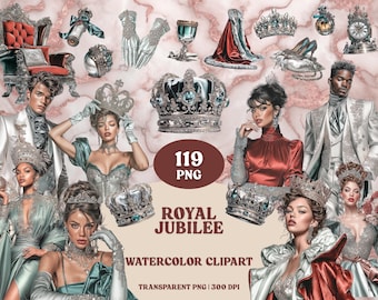 Może przedstawiać: Cyfrowy zestaw clipartów akwarelowych zatytułowany "Royal Jubilee" z ilustracjami koron, sukni i postaci w królewskich strojach. Obraz zawiera tekst "119 PNG" i "Watercolor Clipart". Tło ma efekt różowego marmuru.