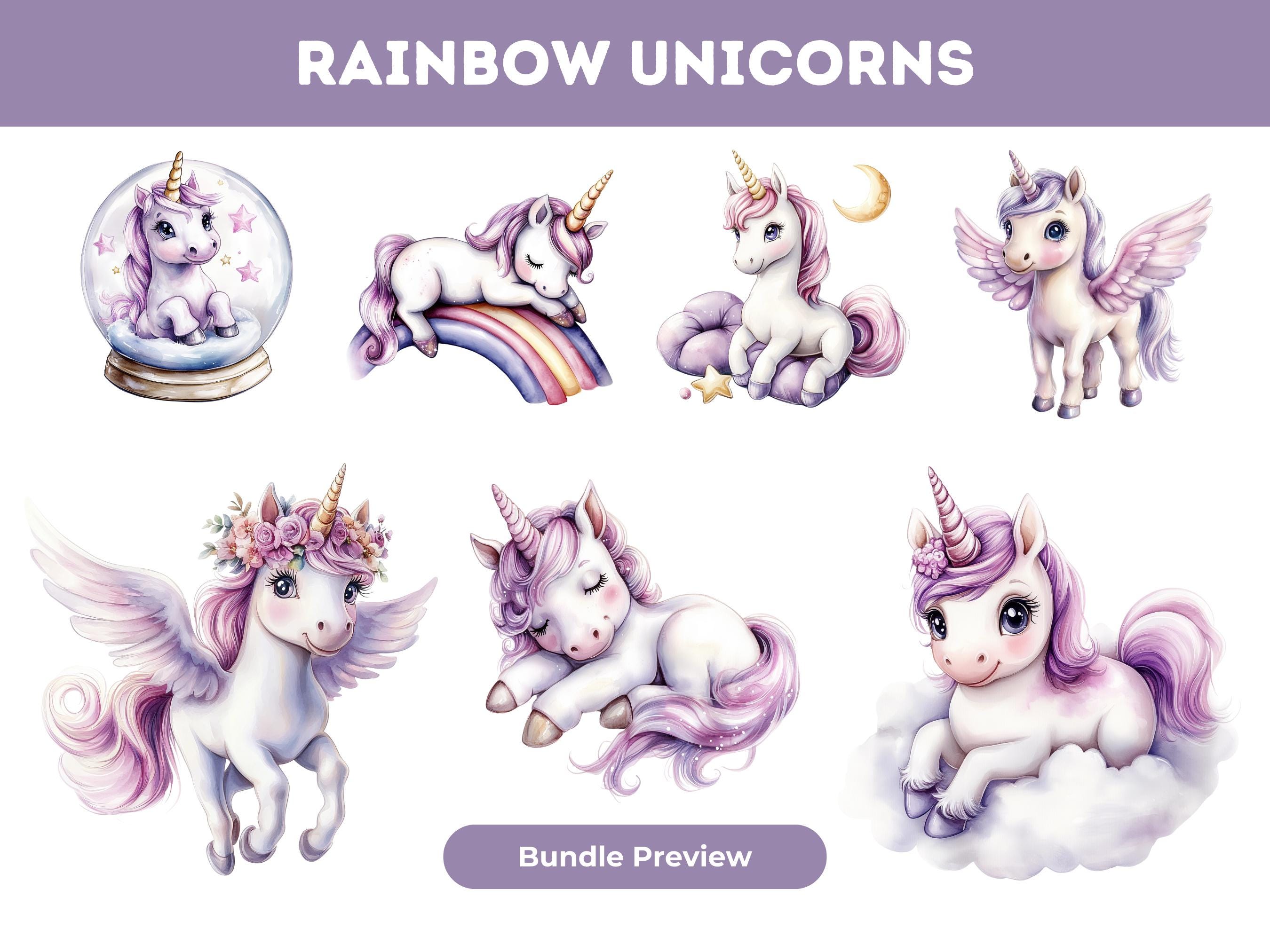 Rainbow Unicorn Watercolor Clipart: Magical Castle PNG Bundle (digital ...