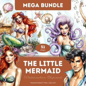 Little Mermaid Clipart Bundle Watercolor Style PNG Baby Princess Ariel Ocean Shells Castle Sea Creatures Underwater Hair Red Crown