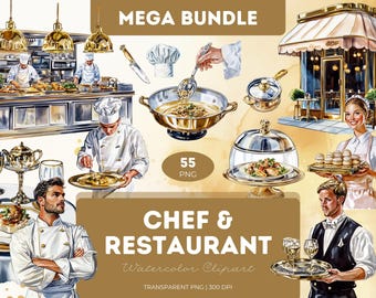 Chef & Restaurant Watercolor Clipart: Fine Dining PNG Bundle