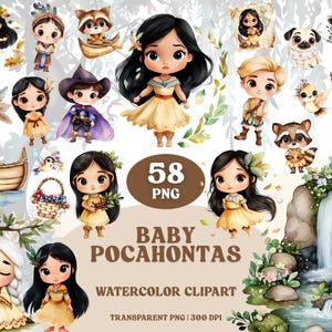 Clipart di Baby Pocahontas in stile acquerello PNG, pacchetto di principesse tribali, clipart di una graziosa principessa bambina, decorazioni per cameretta da favola, arte di una ragazza magica