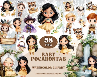 May include: Watercolor clipart featuring 58 PNG images of baby Pocahontas characters and related elements. The illustrations include various poses of the character, animals, and nature elements, all in a cute, cartoon style. The text "Baby Pocahontas" is also included.