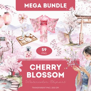 Kirschblüte Clipart Bundle Aquarell PNG Pink Frühling Blumen Floral Zweige Pastell Blüten Natur-Elemente Japanische Gartenkunst