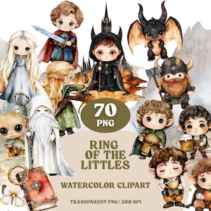 May include: Watercolor clipart featuring various fantasy characters, including elves, a wizard, a dragon, and hobbits. The image includes the text "Ring of the Littles" and "Watercolor Clipart". The characters are set against a backdrop of mountains and trees.