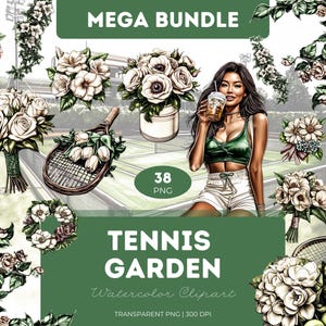 Bundle de cliparts de jardin de tennis aquarelle PNG bouquets de fleurs raquettes de sport art floral artisanat sublimation journaux bricolage