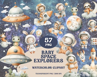 Watercolor Space Clipart: Astronaut Animals, Planets, Rocket PNG (Digital Download)