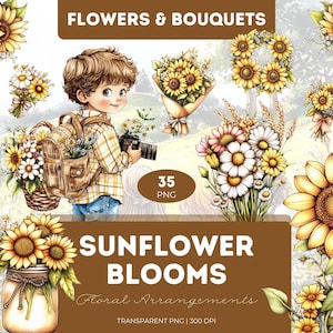 Bundle de fleurs de tournesol PNG Tournesols aquarelle Bouquets de fleurs fleurs jaunes pour scrapbooking cartes journaux artisanat sublimation