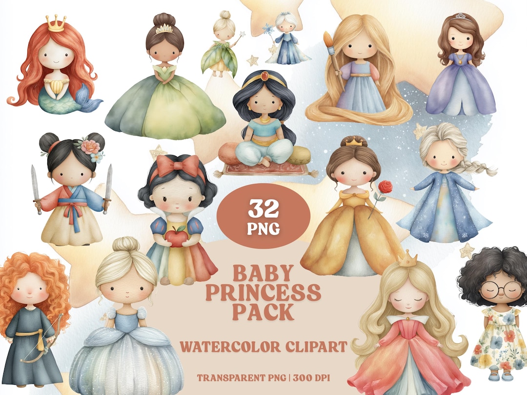 Watercolor Baby Disney Princess Clipart - 32 PNG Fairytale ...