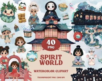 Spirited Away clipartbundel: aquarel Fantasy Spirits (40 png-bestanden) digitale download