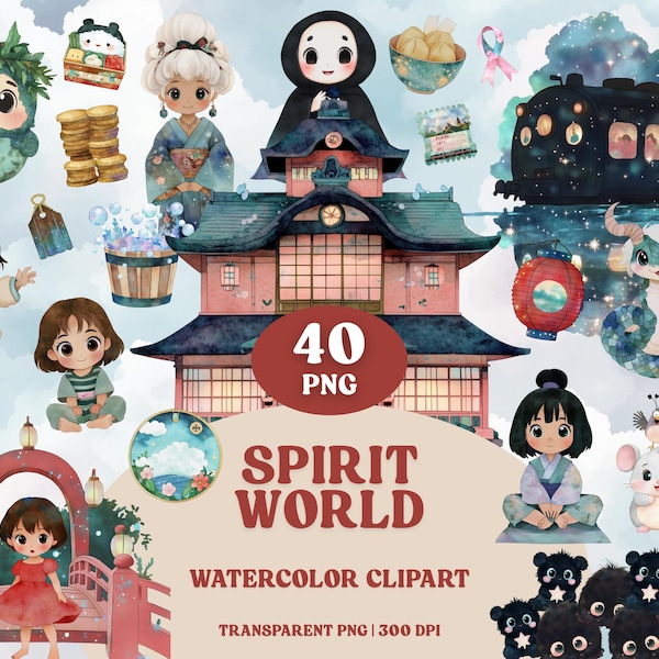 Spirited Away Clipart-paket: Akvarellfantasiandar (40 PNG-filer) Digital nedladdning