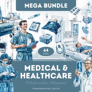 Medical Healthcare Clipart Bundle Watercolor PNG Nurse Doctor Hospital Equipment Digital Medicine First Aid Kit Anatomy Cute Elements