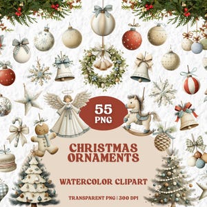 May include: Watercolor clipart of Christmas ornaments, including baubles, bells, stars, and a rocking horse. The image features a variety of festive decorations in soft colors, with the text "Christmas Ornaments" and "55 PNG".