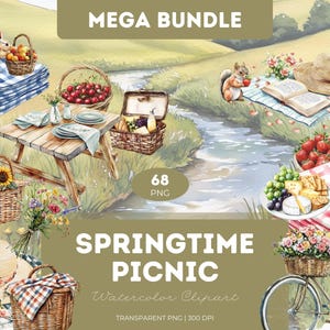 Bundle de cliparts pique-nique printanier Style aquarelle PNG panier pique-nique Sandwich limonade couverture de fruits Déjeuner de printemps en plein air Art pastel mignon