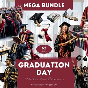 Graduierung Day Clipart Bundle Aquarell PNG Graduate Girl Cap Diplom Luftballons Kuchen Klasse von 2025 Party Schule Sublimation Journals Crafts