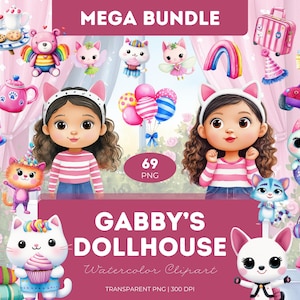 Gabby’s Dollhouse Clipart Bundle PNG Watercolor Cute Cat Characters Dollhouse Toys Kids Birthday Crafts Sublimation Stickers