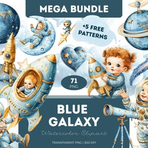 Bundle de cliparts galaxie bleue PNG aquarelle étoiles cosmiques lune planètes espace ciel Sublimation Scrapbooking journaux Art céleste imprimable