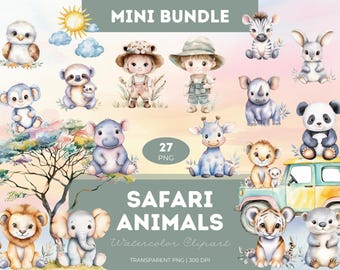Watercolor Safari Animals Clipart: Baby Jungle Animals (PNG Digital Download)