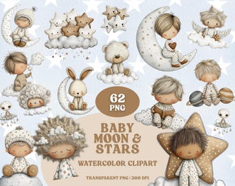 Baby Moon and Stars Watercolor Clipart | Nursery, Clouds, Crescent Moon, Babys, Teddy, Bunny