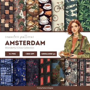 Amsterdam Musterdesign Bundle Aquarell Reise Drucke Niederländische Häuser Kanal Fahrrad Tulpe Muster Europäische Stadt Ästhetik