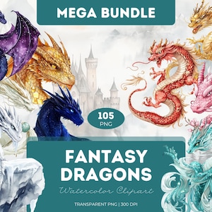 Fantasy Drachen Clipart Bundle Aquarell PNG Majestätisch Feuer Eis Wald Baby Drachen Elemente Fabelwesen Flügel Magie