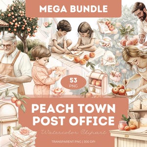 Peach Town postkantoor clipart bundel png aquarel post briefpapier postbode enveloppen brievenbus postzegels voor ambachten tijdschriften sublimatie