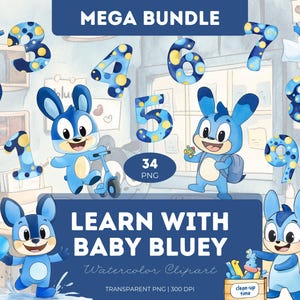 Leren met Baby Bluey Clipart PNG Aquarelnummers Klok Tijdmanagement Kinderen Onderwijs Afdrukbaar Klaslokaal Decor