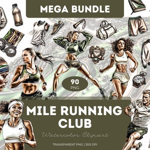 Mile Running Club Clipart Bundle PNG Watercolor Runners Shoes Fitness Jogging Sports Track Gym Crafts Sublimation Journals