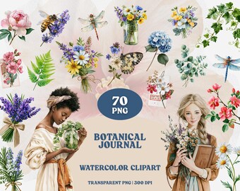 Botanical Journal Watercolor Clipart | Pressed Flowers, Wild Herbs, Specimen Cards, Vintage Nature Ephemera