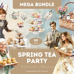 Pacchetto di clipart per festa del tè primaverile, acquerello, PNG, teiere, tazze, dolci, macaron, fiori, ragazza pastello, picnic, giardino, matrimonio