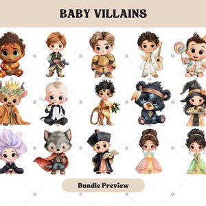 May include: Watercolor illustrations of baby villains, featuring characters like a wolf, bear, and witch. The image includes the text "BABY VILLAINS" and "Bundle Preview". Each character is depicted in a cute, cartoon style.