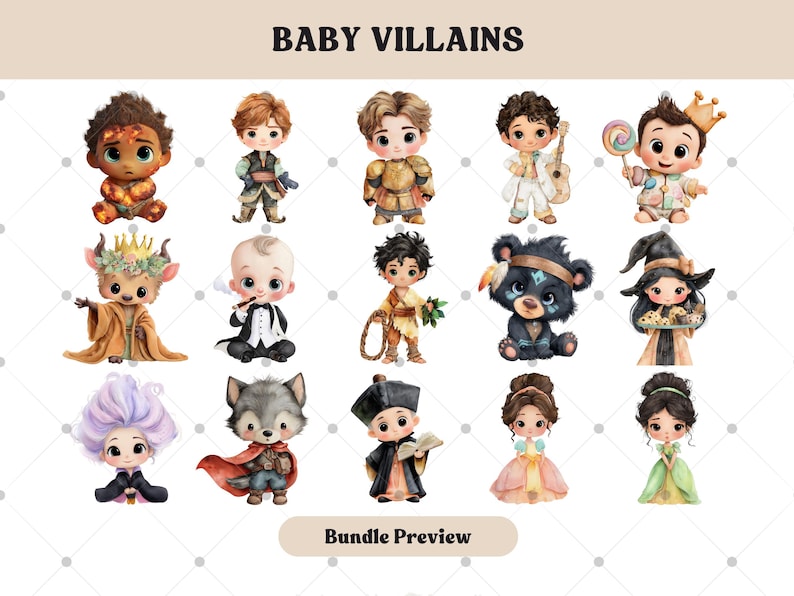 May include: Watercolor illustrations of baby villains, featuring characters like a wolf, bear, and witch. The image includes the text "BABY VILLAINS" and "Bundle Preview". Each character is depicted in a cute, cartoon style.