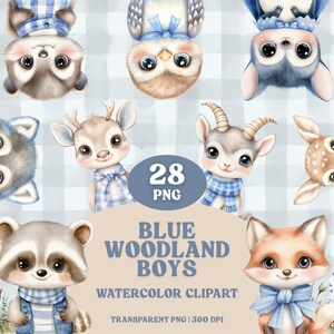 Bleu des bois bébés animaux portraits clipart png chambre de bébé garçon décor animaux de la forêt en bleu baby shower graphiques invitation d'anniversaire imprimable