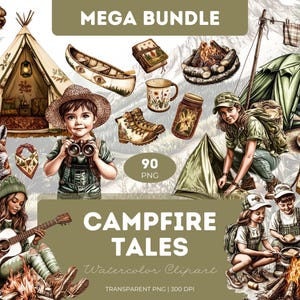 Paquete de imágenes prediseñadas de cuentos de fogatas, acuarela, PNG, camping, niños, bosque, incendio, narración de cuentos, tienda de campaña, naturaleza, aventura, verano, conjunto de imágenes prediseñadas