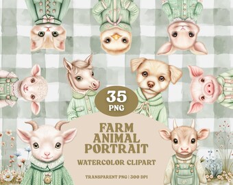 Watercolor Baby Farm Animals PNG Bundle: Sage Green Nursery Art (Digital Download