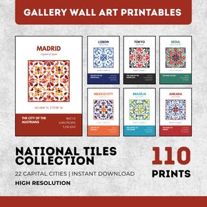 Paquete de arte mural imprimible de azulejos nacionales: 110 diseños, patrones de capitales, cultura global, decoración, azulejos digitales, viajes, hogar, estética, Airbnb