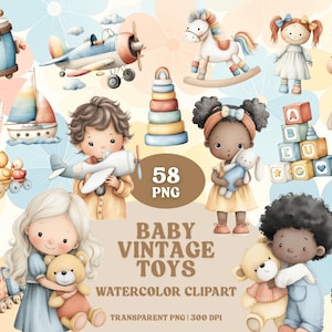 May include: Watercolor clipart featuring vintage baby toys, including a rocking horse, airplane, and teddy bears. The image includes the text "Baby Vintage Toys" and "58 PNG". The toys are in soft pastel colors.