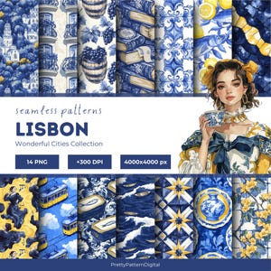 Lisbon Seamless Pattern Bundle Watercolor Tile Prints Portuguese Azulejos Digital Paper Blue Yellow Vintage Mediterranean