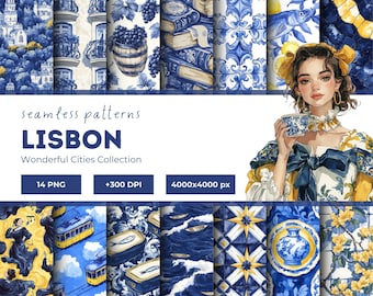 Lisbon Watercolor Seamless Patterns: Portuguese Tile Designs (PNG Digital Download)