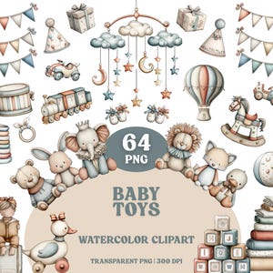 以下が含まれることがあります： 水彩画のベビーおもちゃのクリップアートセット。モビール、ぬいぐるみ、ブロック、ロッキングホースなど。おもちゃはパステルカラーで、ヴィンテージな雰囲気です。「Baby Toys」と「Watercolor Clipart」の文字が含まれています。