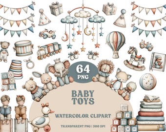 May include: Watercolor clipart set of baby toys, including a mobile, stuffed animals, blocks, and a rocking horse. The toys are in pastel colors with a vintage aesthetic. The image includes the text "Baby Toys" and "Watercolor Clipart".