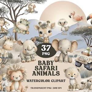Clipart di animali del safari, baby shower, giungla, arredamento per cameretta, simpatici animali del safari, png, clipart della giungla, invito di compleanno selvaggio.